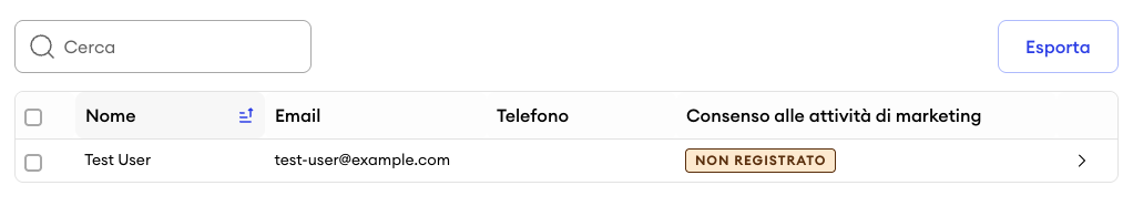 Vista dell’elenco contatti nella dashboard che mostra un contatto con lo stato Non iscritto, indicando che non è stato fornito il consenso al marketing.