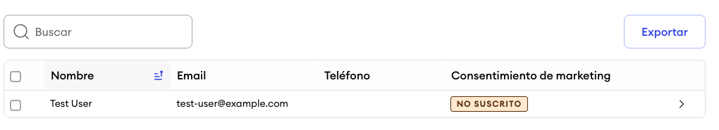 Vista de la lista de contactos en el panel que muestra un contacto con la etiqueta de estado “No suscrito”, indicando que no se ha dado consentimiento de marketing.
