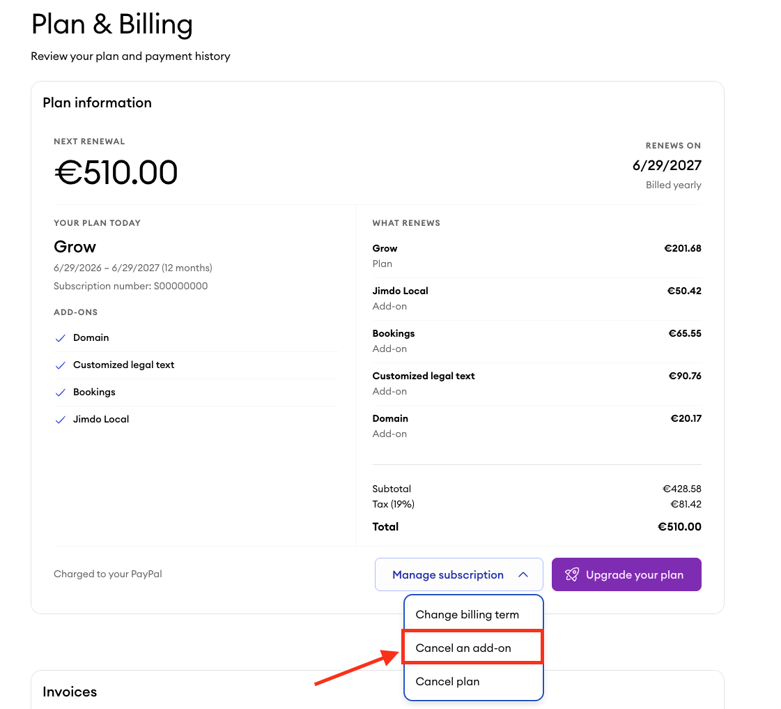 Plan & Billing dashboard showing the expanded Manage subscription menu, with the Cancel add-on option clearly highlighted for selection.