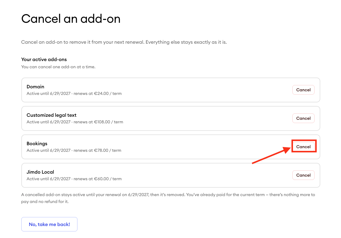 Add-on selection screen displaying a list of active add-ons, with the Cancel button highlighted next to one add-on to indicate where to confirm the cancellation.