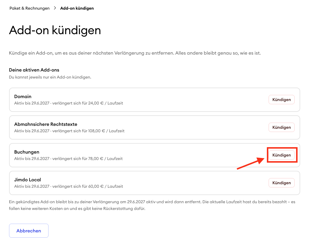 Auswahlseite mit einer Liste aktiver Add-ons, bei der der Kündigen-Button neben einem Add-on hervorgehoben ist, um die Kündigung zu bestätigen.