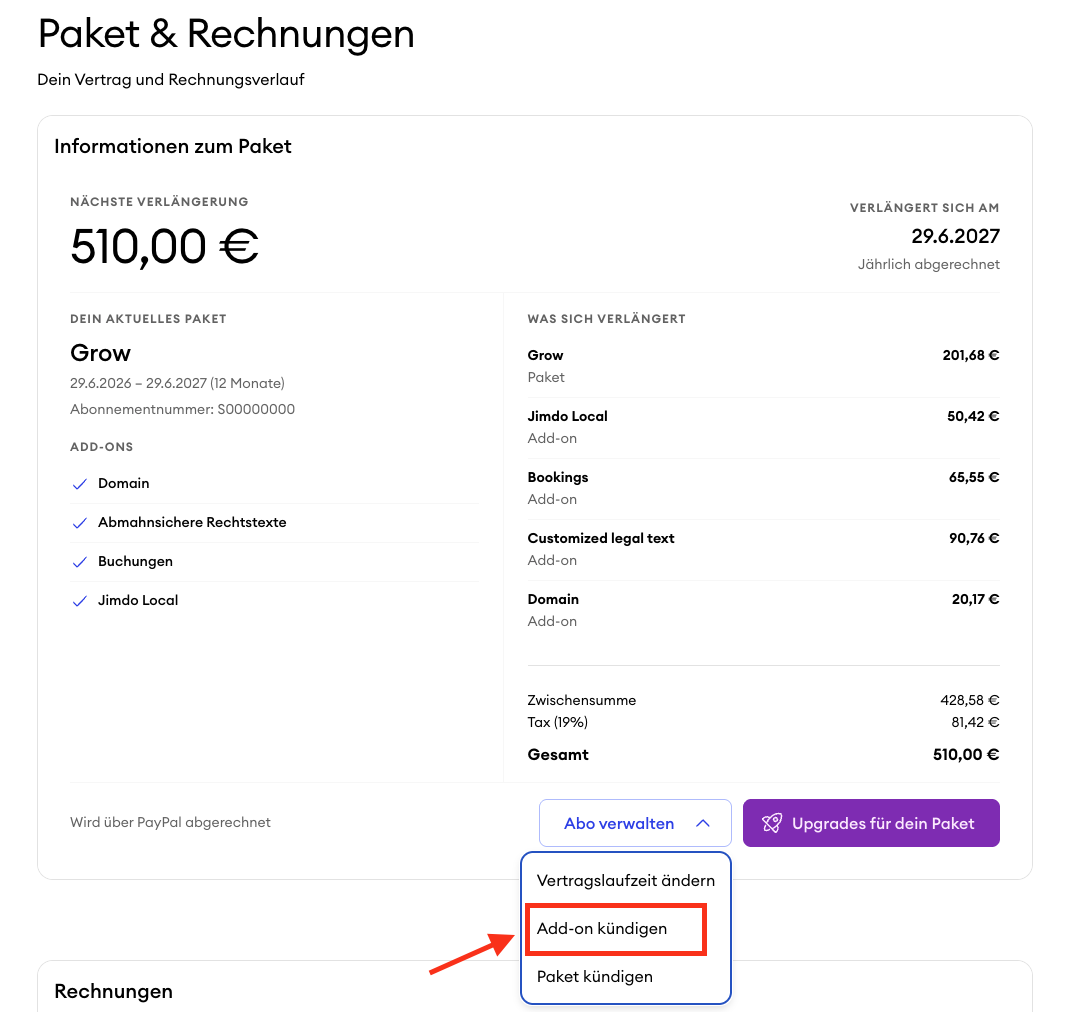 Paket & Rechnungen Übersicht mit aufgeklapptem Menü Abo verwalten in dem die Option Add-on kündigen hervorgehoben ist.