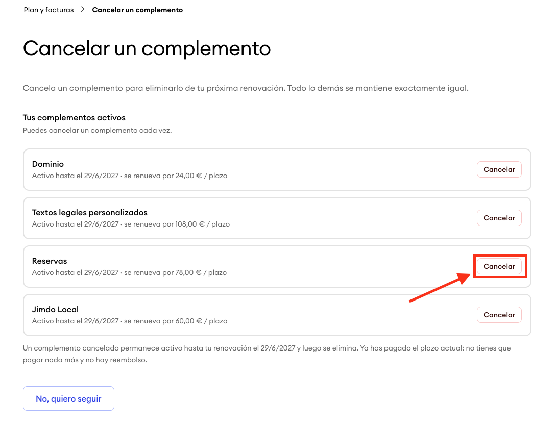 Pantalla de selección con una lista de add-ons activos, donde el botón Cancelar está resaltado junto a un add-on para indicar dónde confirmar la cancelación.