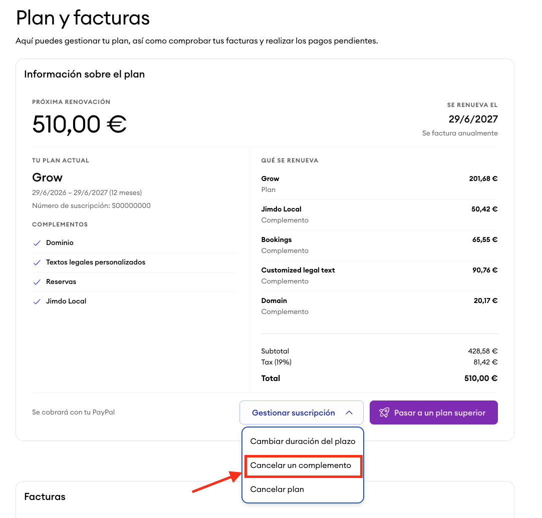 Panel de Plan y facturas. con el menú Gestionar suscripción desplegado, donde la opción Cancelar un complemento está claramente resaltada.