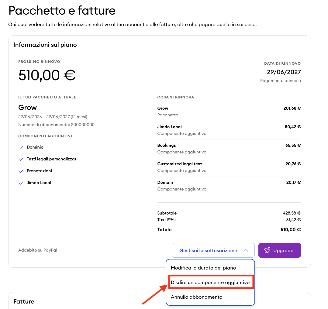Panoramica di Pacchetto e fatturazione con il menu Gestisci la sottoscrizione aperto, in cui l’opzione Disdire un componente aggiuntivo è chiaramente evidenziata.