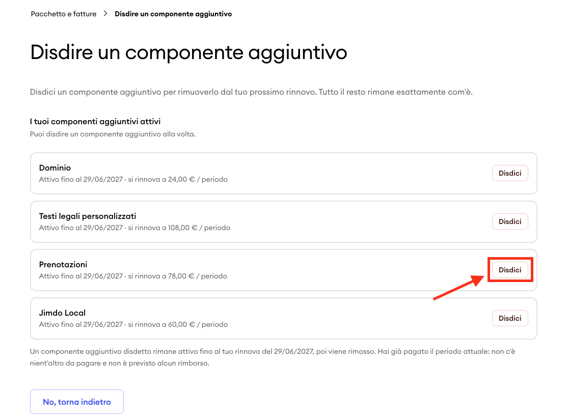 Schermata di selezione con un elenco di add-on attivi, in cui il pulsante Disdici è evidenziato accanto a un add-on per indicare dove confermare la cancellazione.