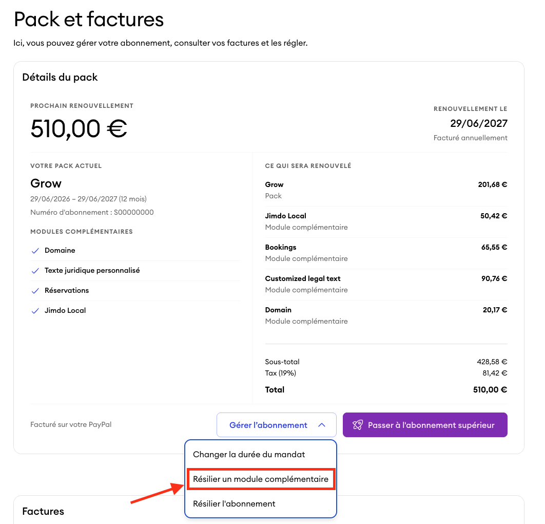 Tableau de bord Pack et factures avec le menu Gérer l’abonnement ouvert, où l’option Résilier un module complémentaire est clairement mise en évidence.