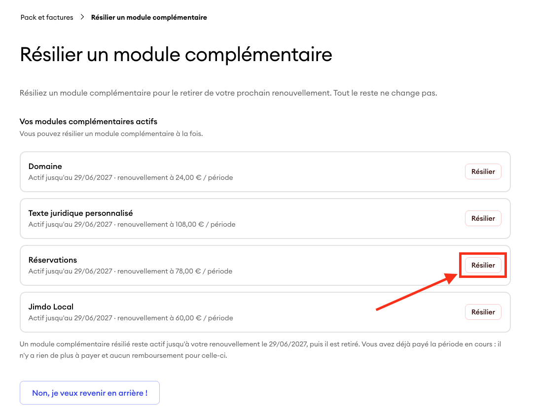 Écran de sélection affichant une liste d’add-ons actifs, avec le bouton Résilier mis en évidence à côté d’un add-on pour indiquer où confirmer l’annulation.