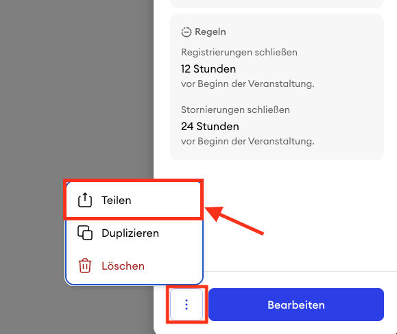 Geöffnetes Dreipunkte Menü einer Veranstaltung in Jimdo Buchungen mit markiertem Button Teilen