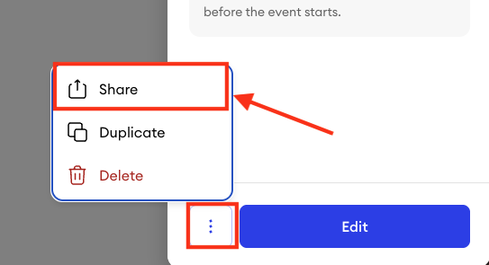 Open three dot menu for an event in Jimdo Bookings with the Share button highlighted