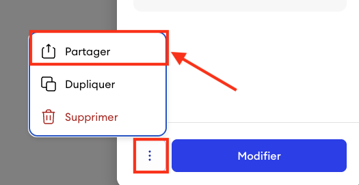 Menu à trois points ouvert pour un événement dans Réservations Jimdo avec le bouton Partager mis en évidence