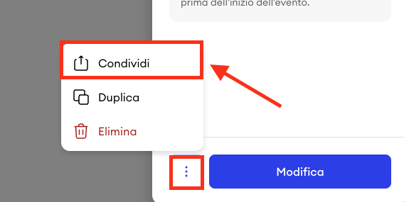 Menu con tre punti aperto per un evento in Prenotazioni di Jimdo con il pulsante Condividi evidenziato