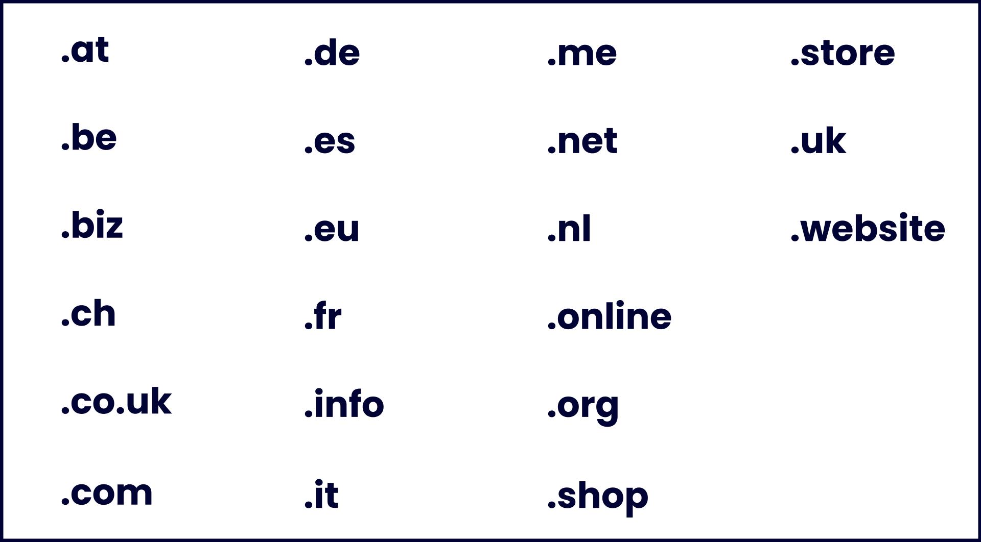 L’image présente un aperçu des extensions de domaine disponibles chez Jimdo. On y voit différents domaines de premier niveau comme .de, .com, .net, .org ainsi que d’autres extensions spécifiques à des pays ou à des thèmes que les utilisateurs peuvent choisir lors de la configuration de leur domaine.