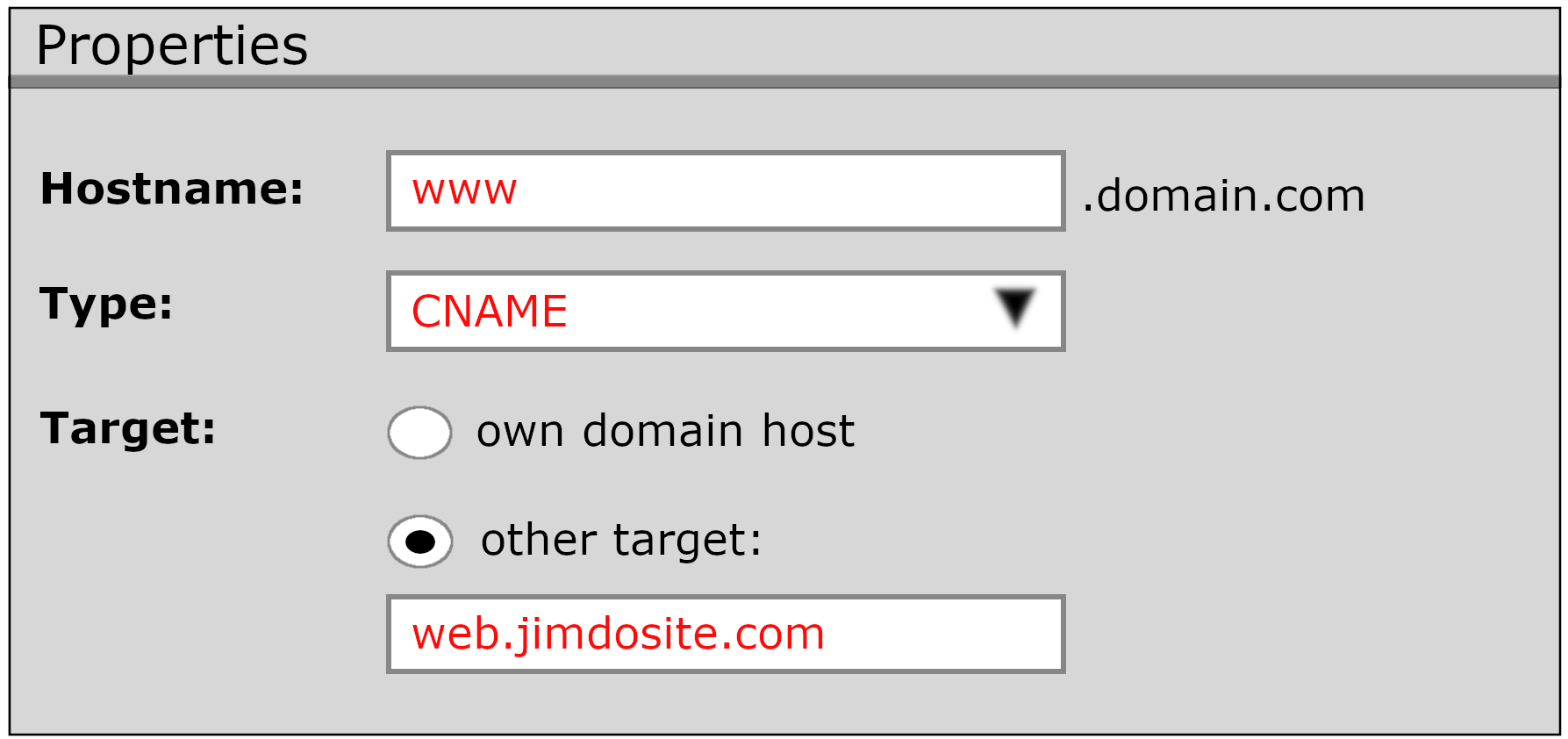Illustrazione di esempio della configurazione di un reindirizzamento CNAME presso un provider di domini. L'immagine mostra come un dominio viene inoltrato attraverso il sottodominio www. aggiungendo una voce CNAME nell'area delle impostazioni DNS del provider.