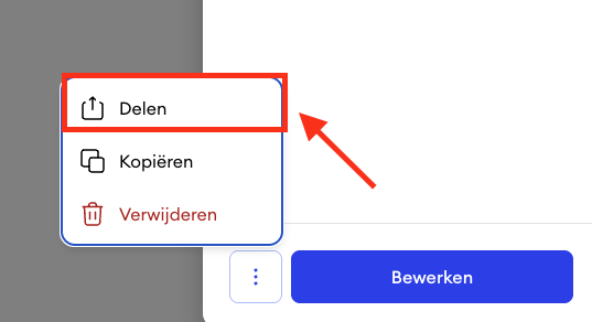 Open het menu met drie puntjes voor een evenement in Jimdo Boekingen, waarbij de knop Delen is gemarkeerd