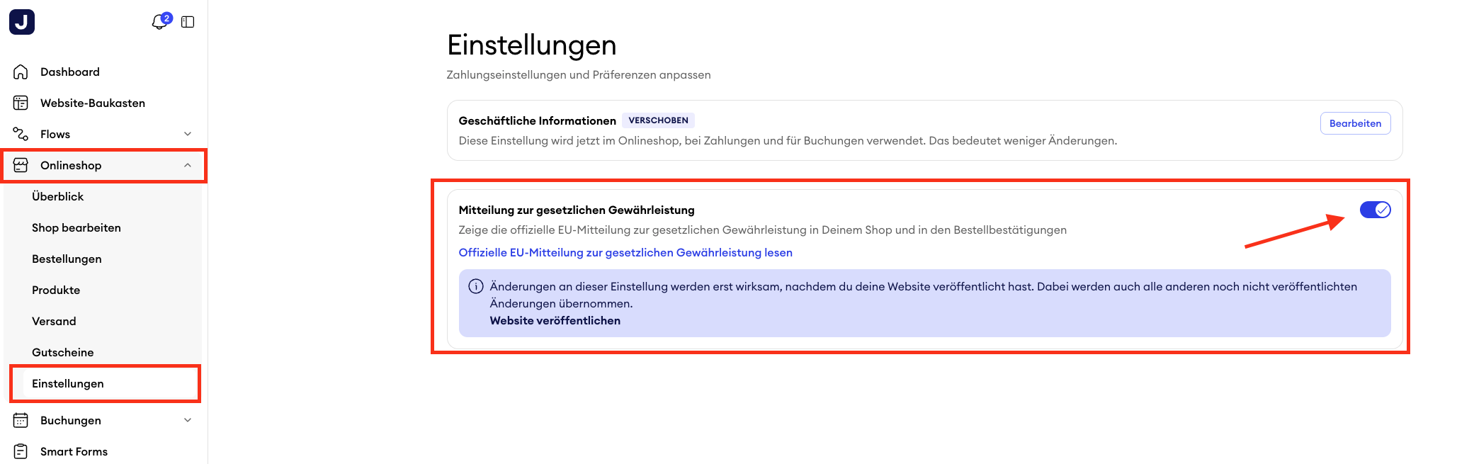 Jimdo Onlineshop Einstellungen mit dem Bereich Hinweis zur gesetzlichen Gewährleistung, der über Onlineshop und anschließend Einstellungen aufgerufen werden kann.