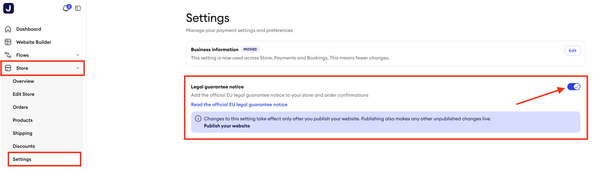 Jimdo online store settings showing the Legal warranty notice section, which can be accessed by selecting Online Store and then Settings.