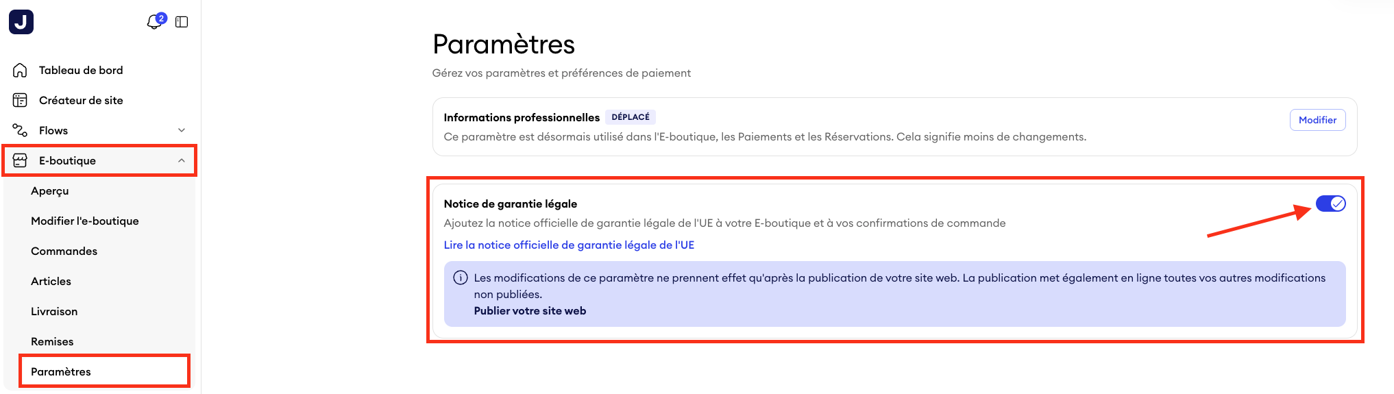 Paramètres de la boutique en ligne Jimdo avec la section Informations sur la garantie légale, accessible en sélectionnant Boutique en ligne, puis Paramètres.