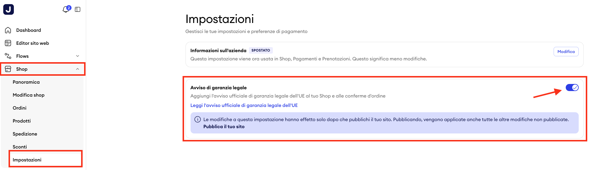 Impostazioni dello shop online di Jimdo con la sezione Avviso sulla garanzia legale, accessibile selezionando Shop online e poi Impostazioni.