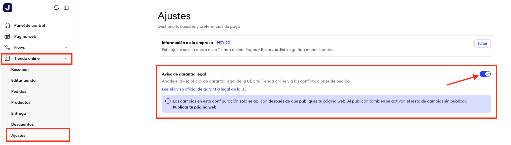 Ajustes de la tienda online de Jimdo con la sección Aviso sobre la garantía legal, a la que puedes acceder seleccionando Tienda online y después Ajustes.