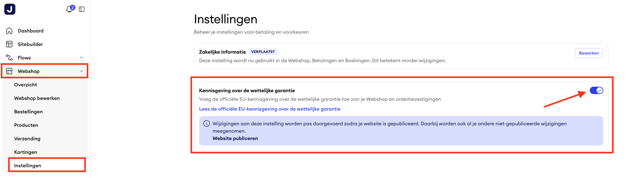 De instellingen van de Jimdo-webwinkel, waarin het gedeelte ‘Wettelijke garantieverklaring’ wordt weergegeven; u kunt dit gedeelte openen door ‘Webwinkel’ en vervolgens ‘Instellingen’ te selecteren.