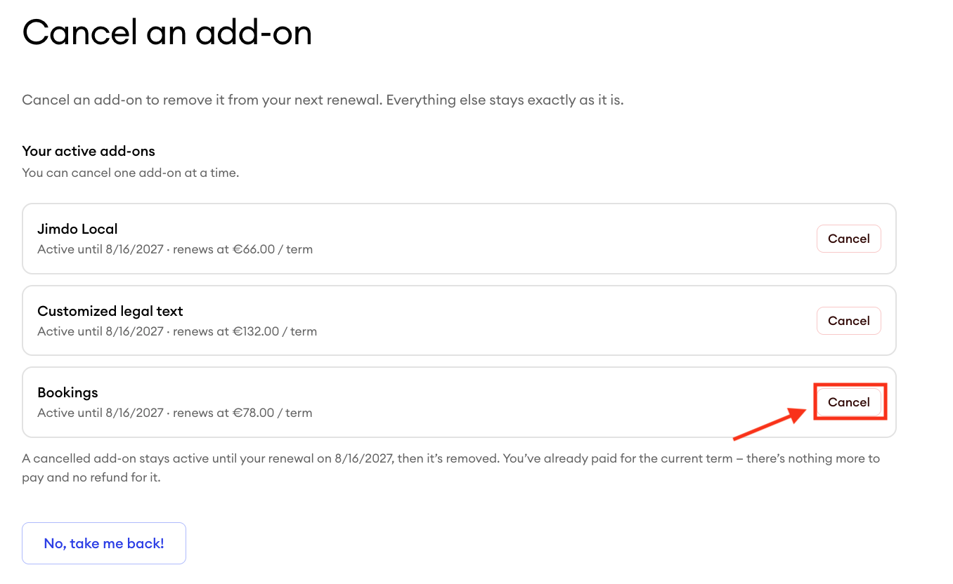 Add-on selection screen displaying a list of active add-ons, with the Cancel button highlighted next to one add-on to indicate where to confirm the cancellation.
