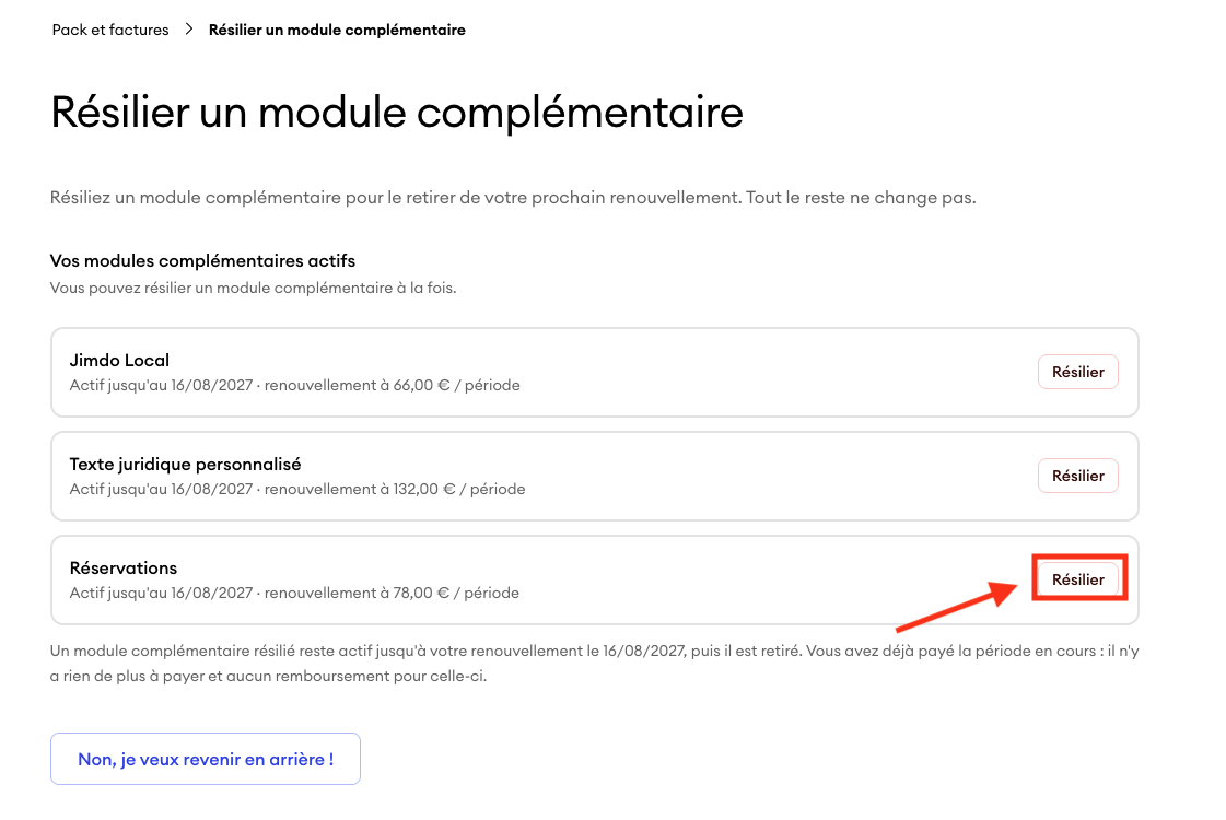 Écran de sélection affichant une liste d’add-ons actifs, avec le bouton Résilier mis en évidence à côté d’un add-on pour indiquer où confirmer l’annulation.