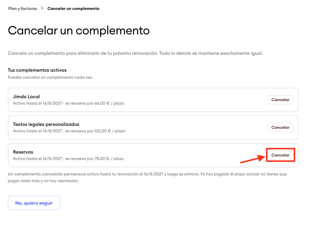 Pantalla de selección con una lista de add-ons activos, donde el botón Cancelar está resaltado junto a un add-on para indicar dónde confirmar la cancelación.