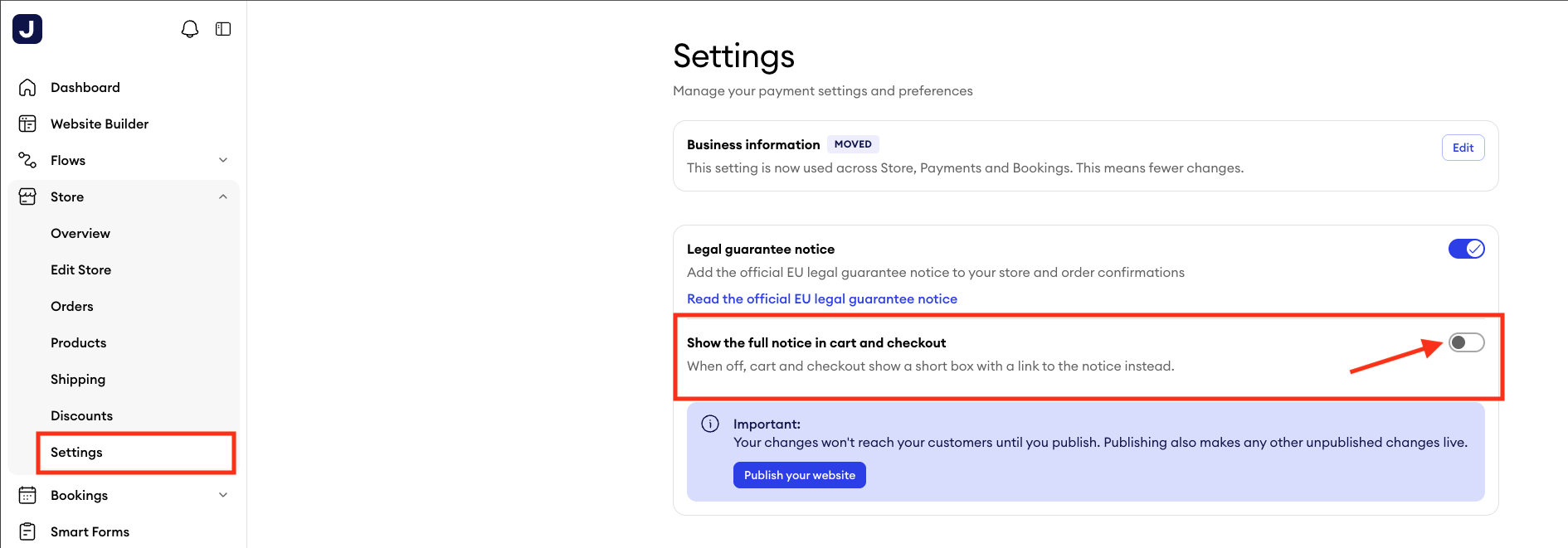 Jimdo online store settings with the Show the full notice in cart and checkout toggle highlighted in the Legal guarantee notice section.