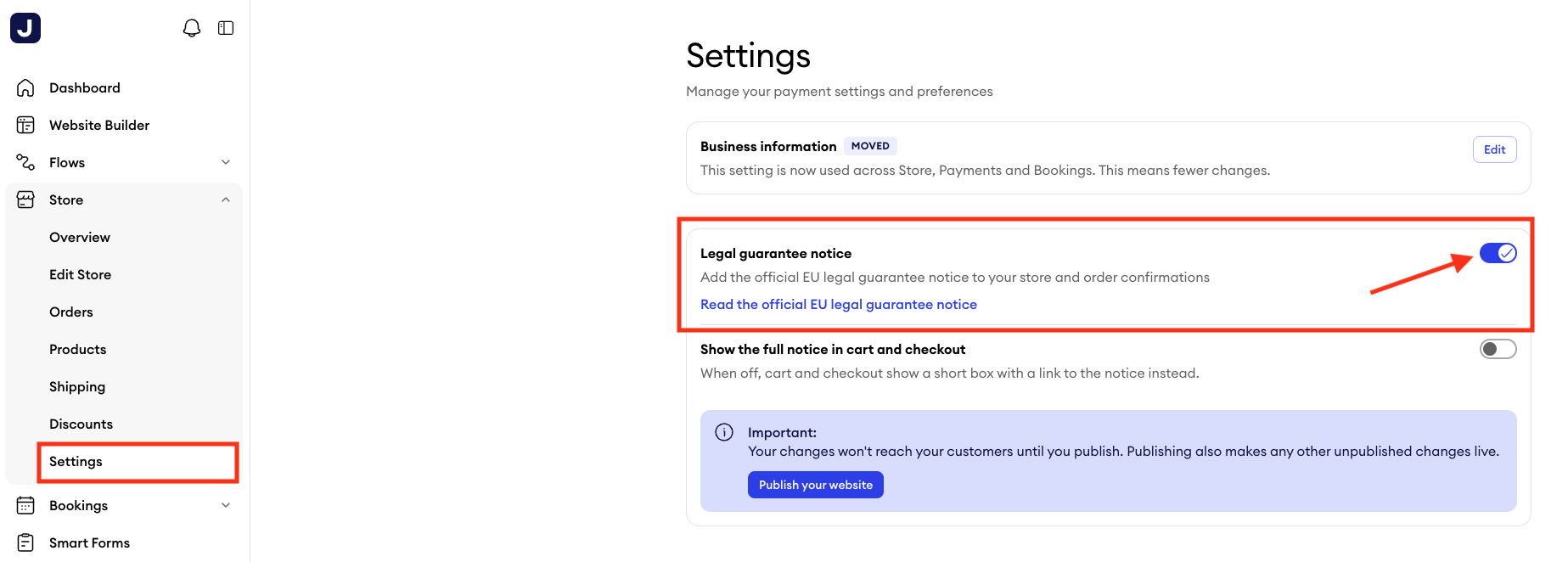 Jimdo online store settings showing the Legal warranty notice section, which can be accessed by selecting Online Store and then Settings.