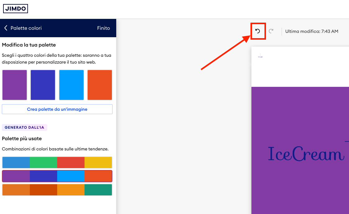 Modifica delle palette di colori sul sito Jimdo con il pulsante Annulla evidenziato per annullare le modifiche recenti.