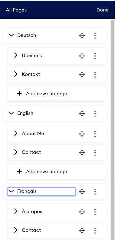 Example of multilingual navigation on a website. The navigation contains menu items in several languages, such as About Us and Contact, which are displayed in English, German and French respectively.