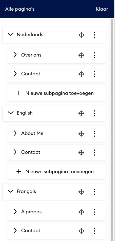De afbeelding toont een voorbeeld van een meertalige navigatie in de bewerkingsweergave van een Jimdo site. In de navigatiebalk staan pagina’s met de namen Deutsch, English en Français, wat laat zien hoe de navigatie is ingericht voor verschillende taalversies van de website.