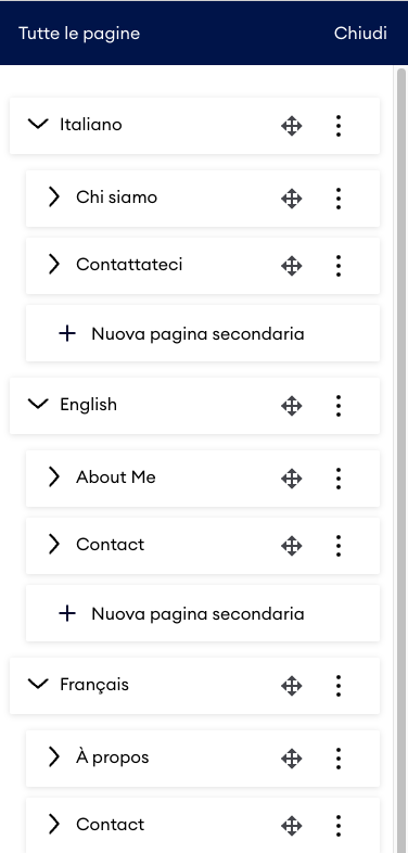 Esempio di navigazione multilingue su un sito web. La navigazione contiene voci di menu in più lingue, come Chi siamo e Contatti, visualizzate rispettivamente in inglese, italiano e francese.
