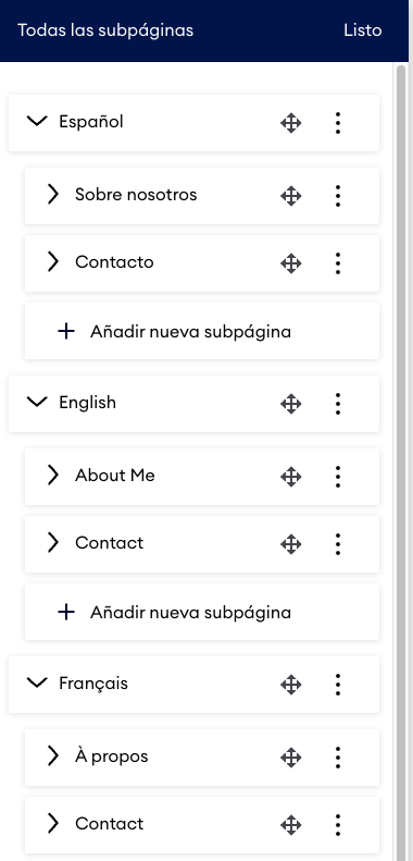 La imagen muestra un ejemplo de navegación multilingüe en la vista de edición de una página de Jimdo. En la barra de navegación aparecen páginas con las etiquetas Deutsch, English y Français, lo que ilustra cómo está organizada la navegación para las distintas versiones idiomáticas del sitio web.