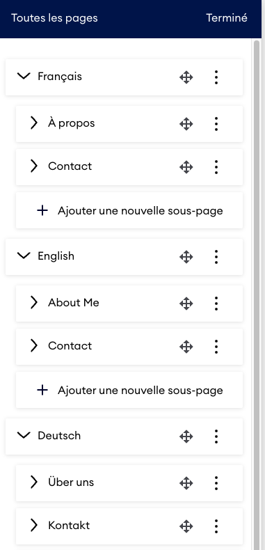 Exemple de navigation multilingue sur un site web. La navigation contient des éléments de menu dans plusieurs langues, comme À propos de moi et Contact, affichés en anglais, français et allemand