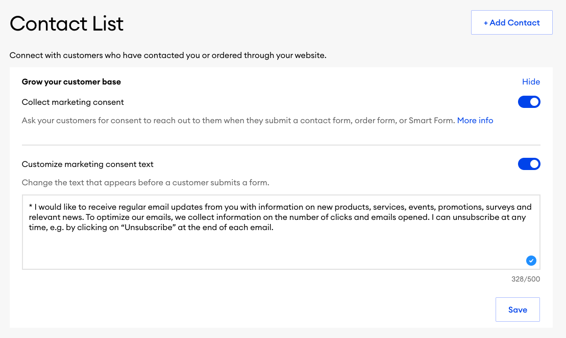 Screenshot of the marketing consent settings in the contact settings. The image shows the enabled option for collecting contacts as well as the input field Customize marketing consent text with a sample text.