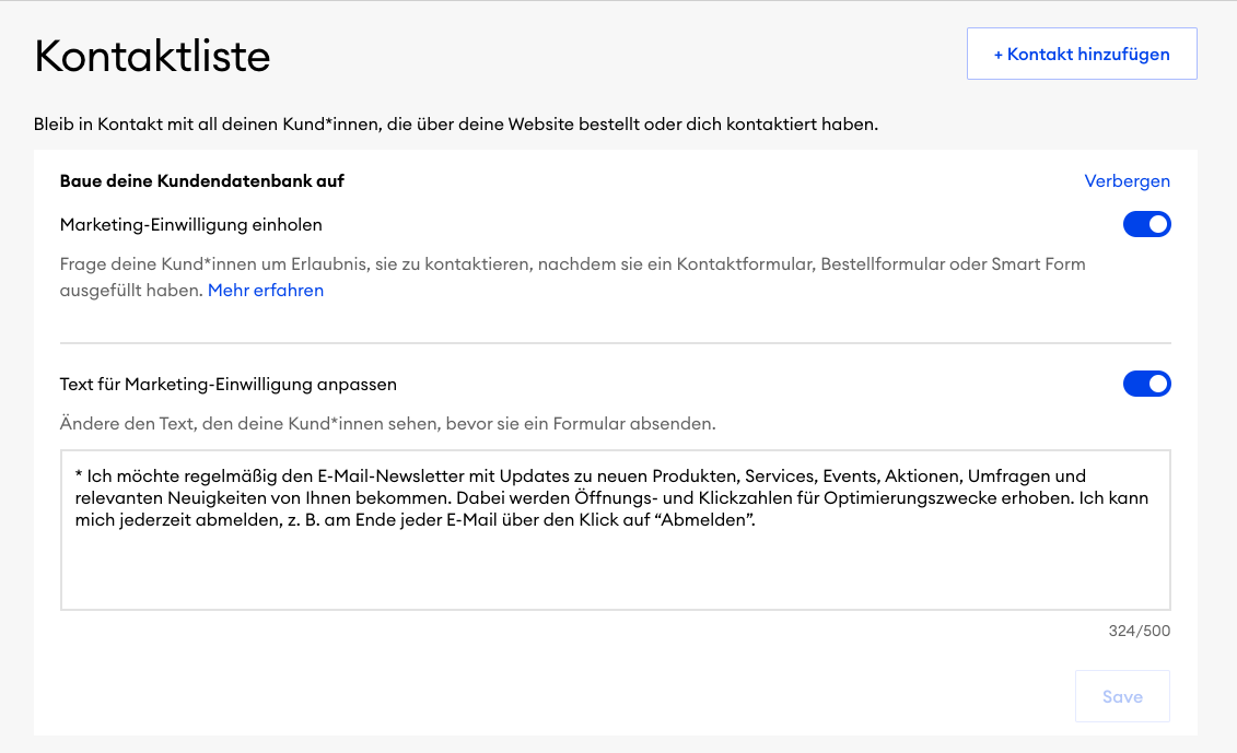 Screenshot der Einstellungen für die Marketing-Einwilligung in den Kontakteinstellungen. Das Bild zeigt die aktivierte Option zur Sammlung von Kontakten sowie das Eingabefeld Text für Marketing-Einwilligung anpassen mit einem Beispieltext.