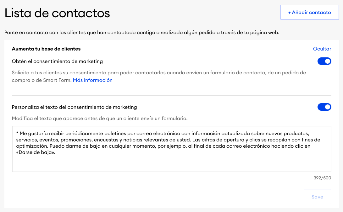 Captura de pantalla de los ajustes del consentimiento de marketing. La imagen muestra la opción activada para la recopilación de datos y el campo Personaliza el texto del consentimiento de marketing
con un texto de ejempo.