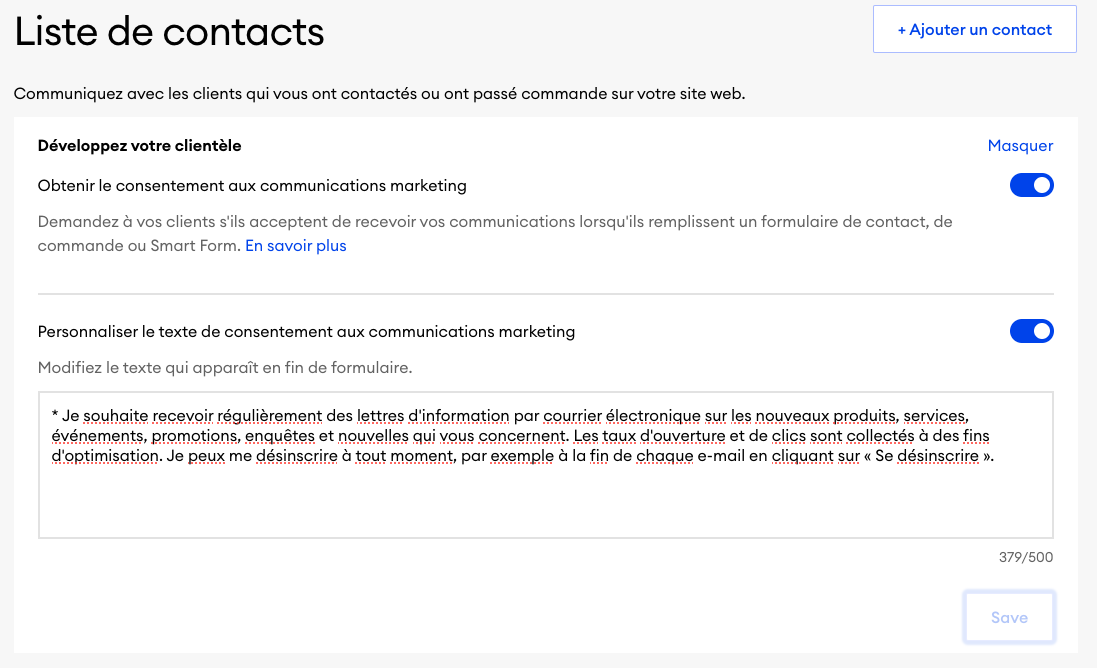 Capture d'écran des paramètres de consentement marketing dans les paramètres de contact. L'image montre l'option activée pour la collecte de contacts ainsi que le champ de saisie **Personnaliser le texte de consentement marketing** avec un texte d'exemple.