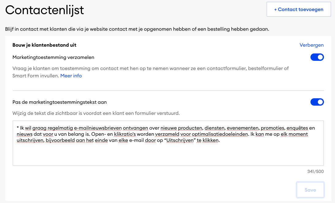 Schermafbeelding van de marketingtoestemmingsinstellingen in de contactinstellingen. De afbeelding toont de ingeschakelde optie voor het verzamelen van contacten en het invoerveld Marketingtoestemmingstekst aanpassen met een voorbeeldtekst.