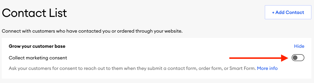 Settings of the contact list in the dashboard with the marketing consent toggle highlighted. An arrow points to the corresponding option.