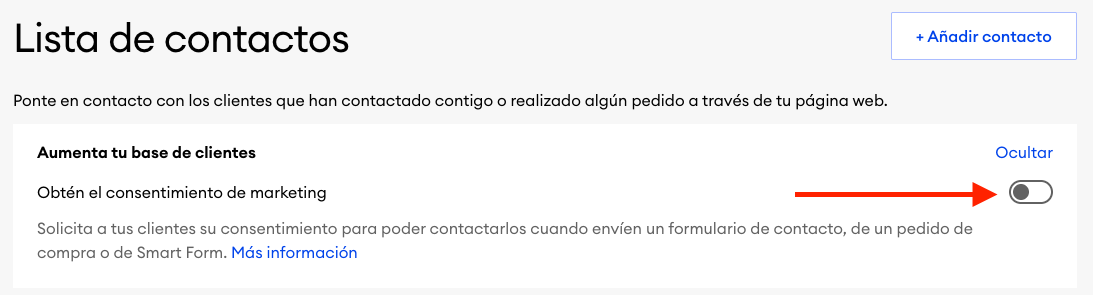 Configuración de la lista de contactos en el panel de control con el interruptor de consentimiento de marketing resaltado. Una flecha señala la opción correspondiente.