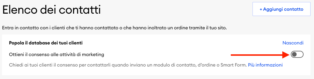 Impostazioni della lista dei contatti nel pannello di controllo con l'interruttore per il consenso al marketing evidenziato. Una freccia indica l'opzione corrispondente.