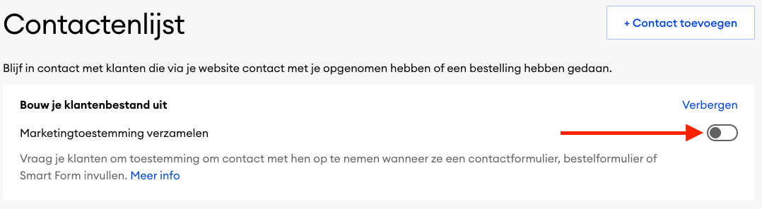 Instellingen van de contactenlijst in het dashboard met de marketingtoestemming-schakelaar gemarkeerd. Een pijl wijst naar de betreffende optie.