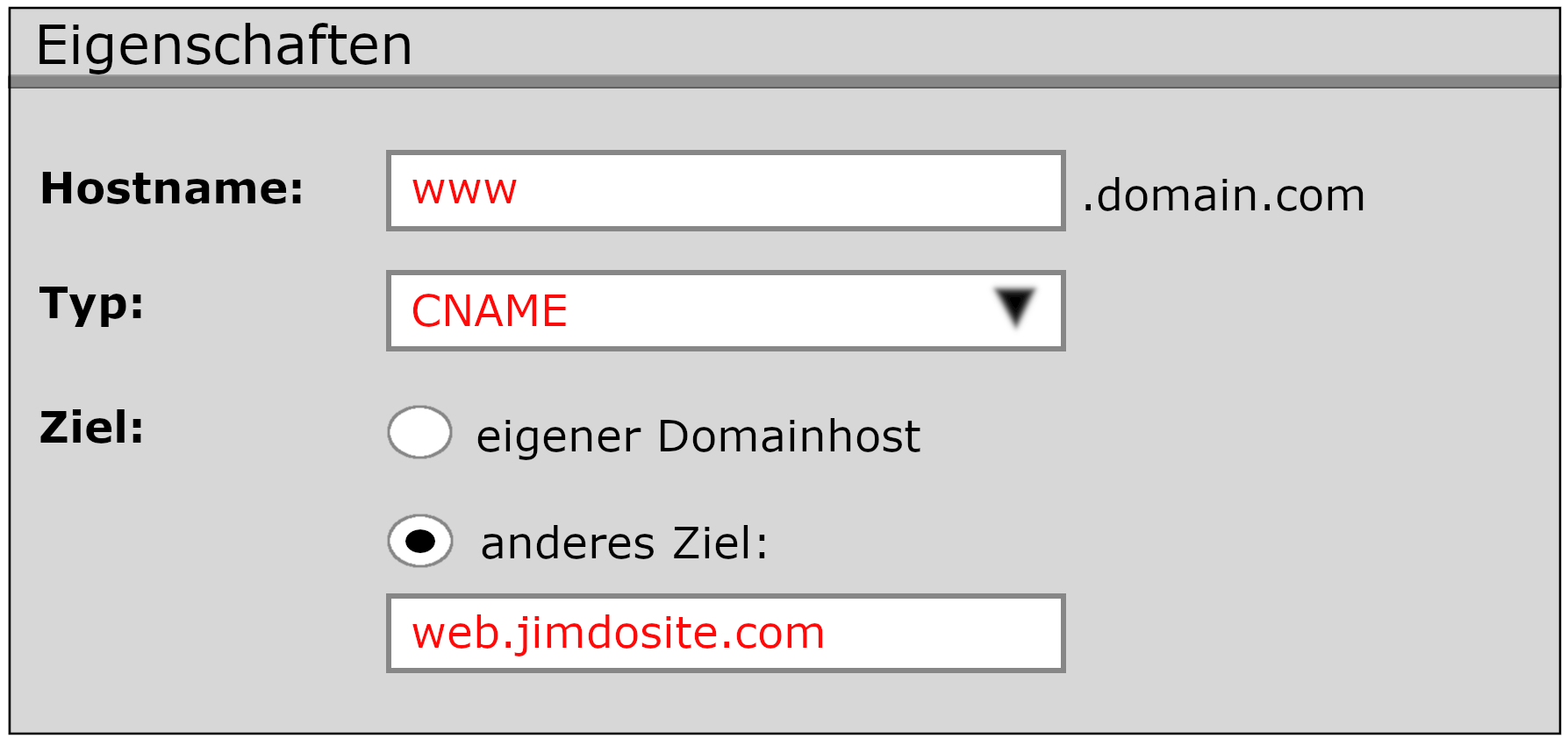 Beispielhafte Darstellung der CNAME-Weiterleitung bei einem Domain-Anbieter. Das Bild zeigt, wie eine Domain über die Subdomain www. weitergeleitet wird, indem ein CNAME-Eintrag im DNS-Einstellungsbereich des Anbieters hinzugefügt wird.