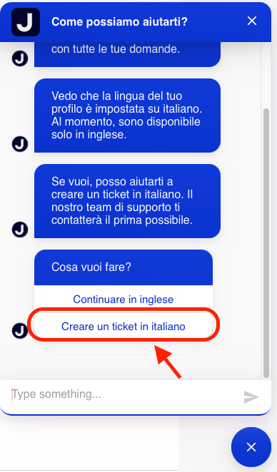 Screenshot del chatbot di Jimdo nel pannello di controllo. La cronologia della chat mostra una conversazione con il chatbot. In basso è evidenziata l'opzione Creare un ticket in italiano. Questa opzione può essere cliccata per creare un ticket di supporto.