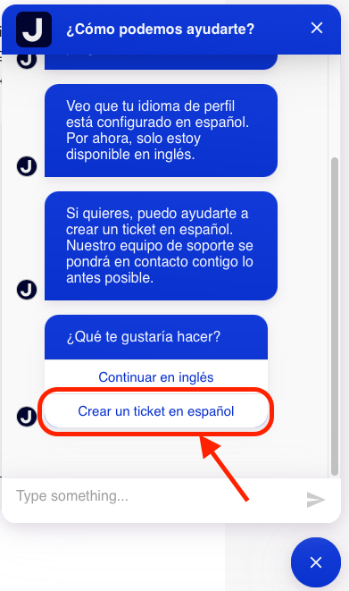 Captura de pantalla del chatbot de Jimdo en el panel de control. El historial de chat muestra una conversación con el chatbot. En la parte inferior, está resaltada la opción Crear un ticket en español. Esta opción se puede hacer clic para crear un ticket de soporte.