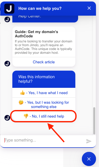 Screenshot of the Jimdo chatbot in the dashboard. The chat history shows a conversation with the chatbot. At the bottom, the option ‘No, I still need help’ is highlighted. This option can be clicked to create a support ticket.
