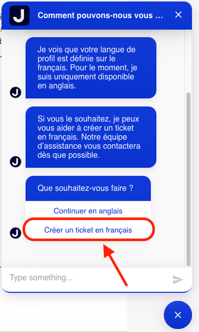 Capture d'écran du chatbot Jimdo dans le tableau de bord. L’historique de la discussion montre une conversation avec le chatbot. En bas, l’option Créer un ticket en français est mise en évidence. Cette option peut être sélectionnée pour créer un ticket d’assistance.